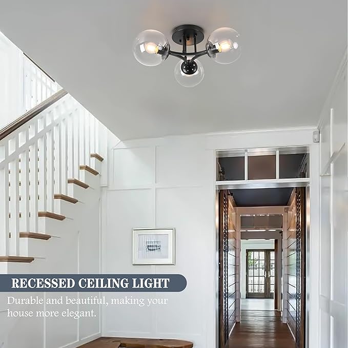 Mid Century Modern Ceiling Light Clear Globe Semi Flush Mount Ceiling Light Black Sputnik Light Fixture Chandeliers Clear Glass Matte Black Chandeliers Living Room Dining Room Bedroom 3 Lights