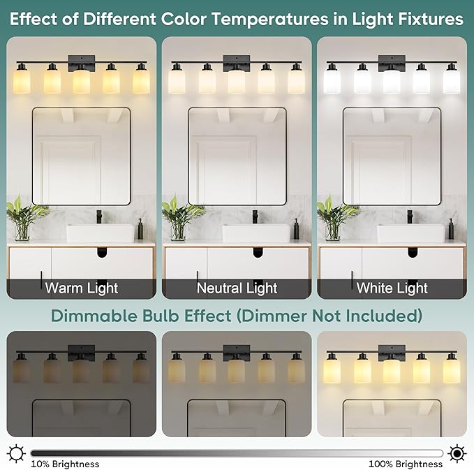 Ascher Bathroom Light Fixtures, 5-Light Vanity Light Over Mirror, Matte Black Wall Sconces with Milky White Frosted Glass Shades, Wall Lamp for Living Room Bedroom, E26 Base(Bulbs Not Included)