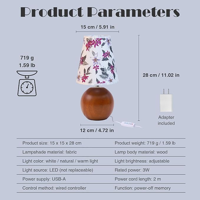 Vintage Wooden Base Fabric Table Lamp, Adjustable Light Color and Brightness with Power-Off Memory, Safe USB Powered, Retro Style LED Light for Bedroom Living Room Office (Red Flowers)