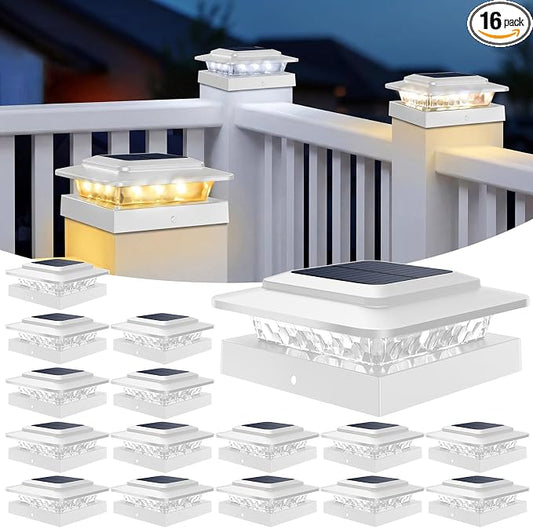 kolpop 4x4 Solar Post Cap Lights Outdoor 16Pack- 3 Color Temperatures&2 Level Brightness, IP65 Waterproof, 16 LED Fence Deck Post Light Solar Powered Only for 4×4/3.5×3.5 Wood/Vinyl Posts(White)