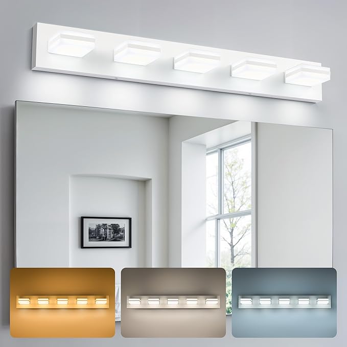 VONLUCE Bathroom Vanity Light Fixture, 5-Light Modern LED Vanity Light, 3CCT Adjustable Bathroom Lights with Memory Function Rotatable Shades, 34" Wall Lighting Fixture Over Mirror, Matte White