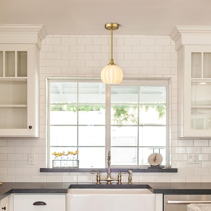 Milk Glass Pendant Lights Kitchen Island 2 Pack, 7.3" Brushed Gold Modern Pendant Light Fixtures with Rods, Globe Hanging Lighting for Kitchen Sink Bathroom Dining Room, LTMM07-2PBG
