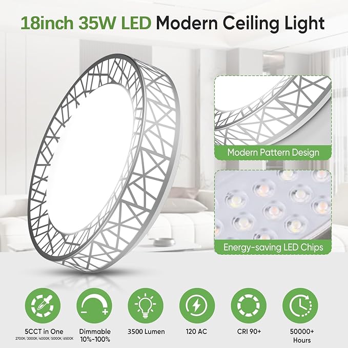 Lightania 18 Inch Flush Mount Ceiling Light, Modern Brushed Nickel LED Ceiling Light Fixture, 35W 3500LM 2700-6500K Adjustable, Dimmable Ceiling Lights for Bedroom, Kitchen, Hallway, Bathroom, ETL