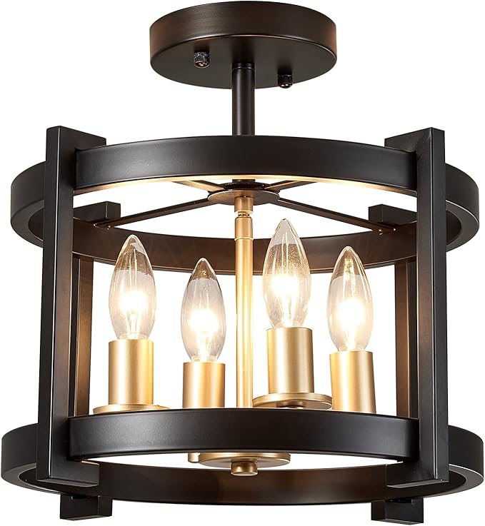 MEIXISUE 4-Light Semi Ceiling Light Flush Mount BK+GD Farmhouse Rustic Vintage Antique Ceiling Light Fixture for Hallway Entryway Gazebo Kitchen Dining Room Bedroom UL Listed