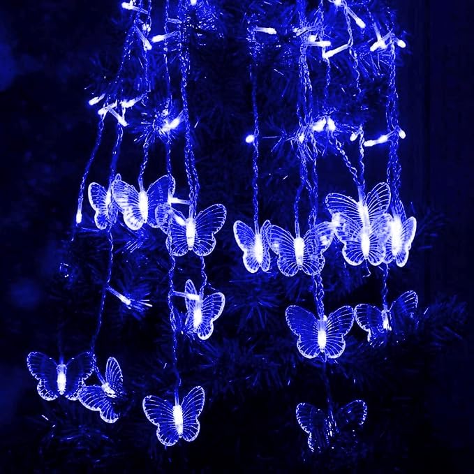 Butterfly Curtain Fairy Lights USB Plug in,8 Modes 120 LED 20FT Firefly Twinkle Timer String Lights with Remote, Waterproof for Bedroom Patio Christmas Wedding Party (Blue)
