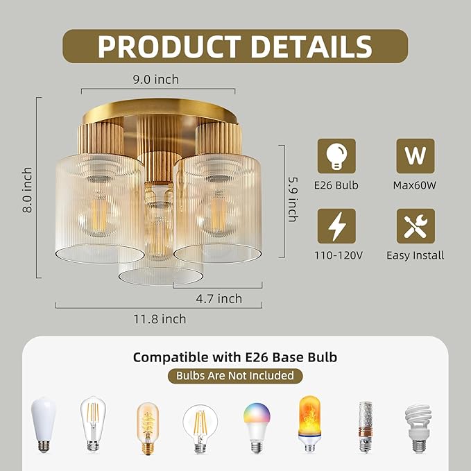 3-Lights Semi Flush Mount Ceiling Light Fixture, Gold Modern Close to Ceiling Light for Kitchen, Foyer, Entryway, Hallway, Dining Room, Amber Gradient Glass Shade with Solid Wood