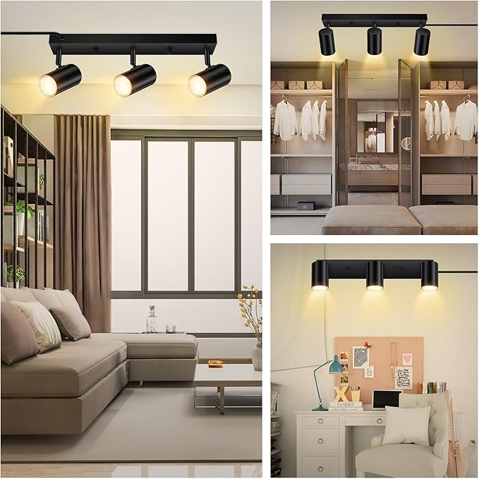 AUQUEE 3 Light Track Lighting Kit,Black 3 Way Modern Plug in Ceiling Spotlight,Industrial LED Wall Light for Kitchen Cabinet Gallery Bar Hallway Living Room,Rocker Switch,15 Foot Cord(No Bulb)