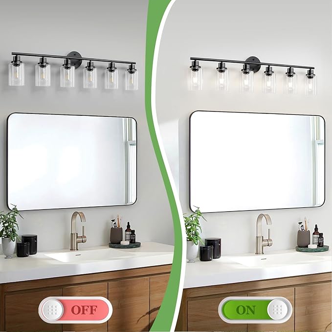 6-Light E26 Black Bathroom Vanity Lights, Modern Bathroom Light Fixtures with Clear Glass Shade, Wall Lamps for Mirror Hallway Kitchen Cabinet Living Room Sconces Lights