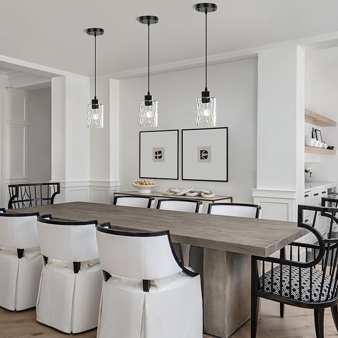 3 Pack Black Modern Pendant Light Fixtures, Adjustable Hanging Lighting with Hammered Glass Lampshade, Black Kitchen Island Pendant Lights for Dining Room Kitchen Living Room Bedroom Foyer