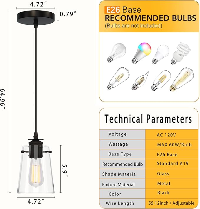 Modern Farmhouse Minimalist Pendant Light, 5.91" Glass Shade Hanging Fixture with 55" Adjustable Cord, E26 Socket for Kitchen Island, Bedroom, Hallway, Bar, Black 1pcs