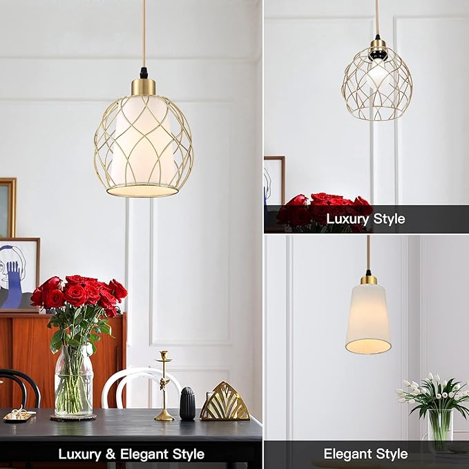 Ruzectt Plug in Pendant Light, Gold Hanging Lamp with Dimmable Switch, 15 ft Golden Cotton Cord, Hanging Light Fixture for Kitchen, Living Room, Bedroom (Bulb Included)