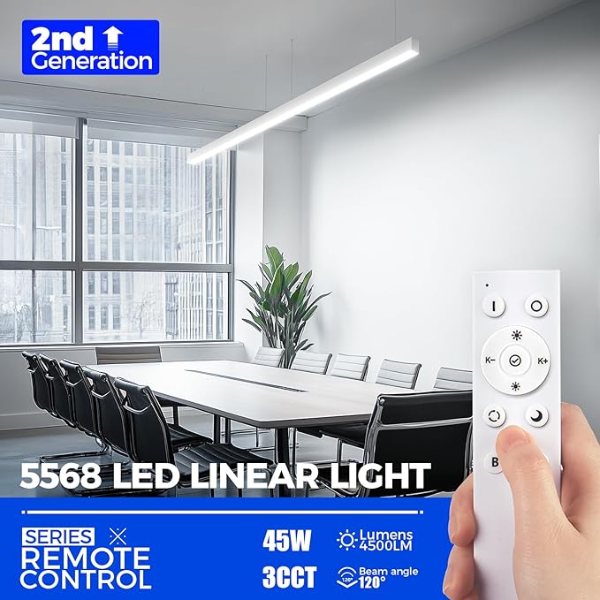 Barrina 5568 Remote Series 4FT LED Linear Light, 2nd-Generation, 45W Seamless Connection, 3000K-6000K Color Changing, Dimmable Hanging Office Shop Light Fixture with Remote Control, White, 1 Pack