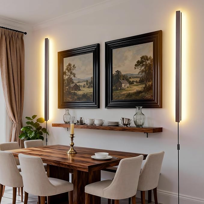 KELUOLY Farmhouse Plug in Long Wall Sconce, 39.3" Faux Walnut Finish LED Wall Lights, 20W Warm White 3000K Acrylic Indoor Wall lamp, with 59" Plug Cable for Bedroom, Living Room, Hallway
