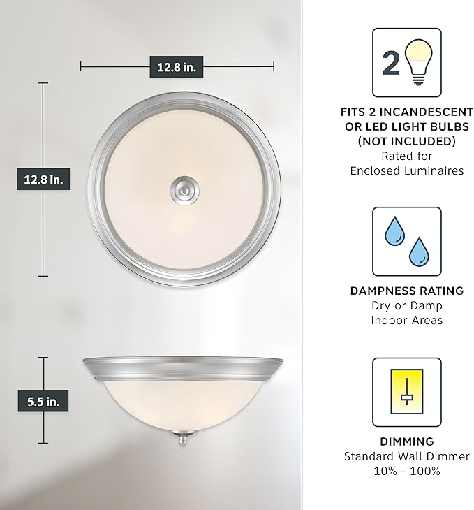 Designers Fountain Flush Mount Ceiling Light, 2-Pack, 13 Inch Frosted Glass Lighting Fixture for Kitchen, Bedroom, Bathroom, and Hallway, LED Bulbs Not Included, Brushed Nickel