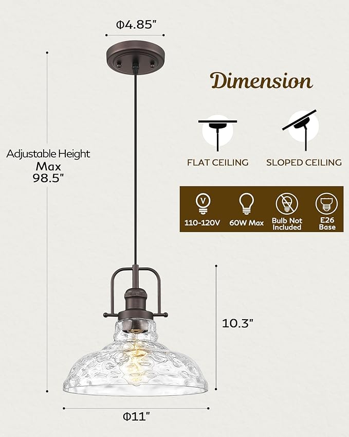 FEMILA Water Ripple Glass Pendant Light, 11" Modern Pendant Lighting for Kitchen Island, Adjustable Hanging Light Fixture, Oil Rubbed Bronze, Farmhouse Island Lights for Kitchen, 4FY09-MP ORB-WG-2