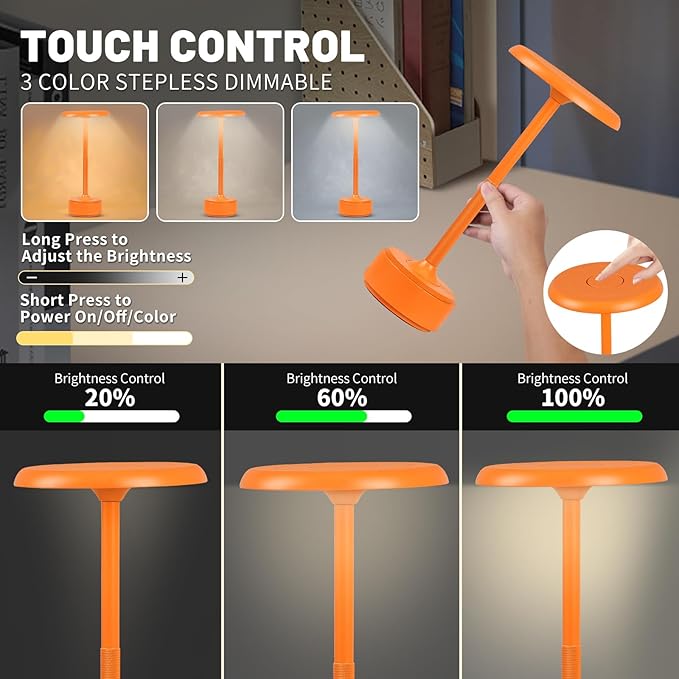 HAPYGI 5200mAh Rechargeable Cordless LED Table Lamps Touch Sensor Light, 3-Levels Portable Dimming Wireless Battery Operated Lamp,Night Light/Restaurant Table/Outdoor/Coffee/Bar (Orange)