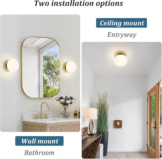 Modern Globe Glass Wall Sconces- Minimalist Home Shop Decor Wall Light 7" Glass Shade Hardwired- 1 Light Mid Century Wall Lamps Indoor Bedroom Bathroom Hallway Vanity Sconce Light (Gold-White)