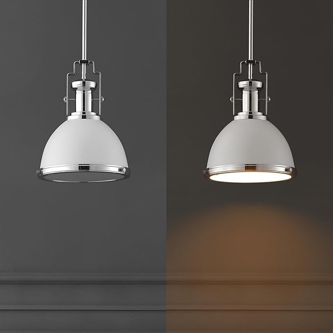 JONATHAN Y 10" Chrome/White Modern Industrial Iron LED Dome Pendant Light, Adjustable Hanging Fixture for Kitchen Island or Entryway, Black Metal Shade, LED Bulb Included (JYL9535C)