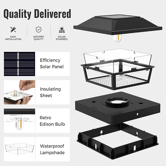 btfarm 4x4 Solar Post Cap Lights, 6 Pack Fence Deck Post Lights Outdoor Solar Powered Waterproof with Edison LED Bulb, Fits 4x4, 3.5x3.5 Wooden & Vinyl Posts for Porch Patio Yard(Warm White, Black)
