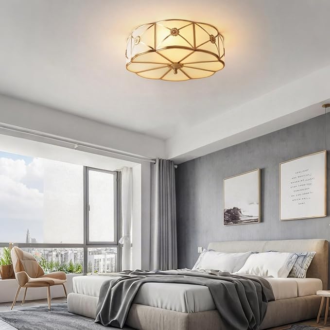 MIXL- Brass Flush Mount Ceiling Light, Flower Shaped 3-Light LED Ceiling Lamp, Frosted Glass Shade Modern Light, Close to Ceiling Light Decorative for Bedroom Living Room(13.77" W)