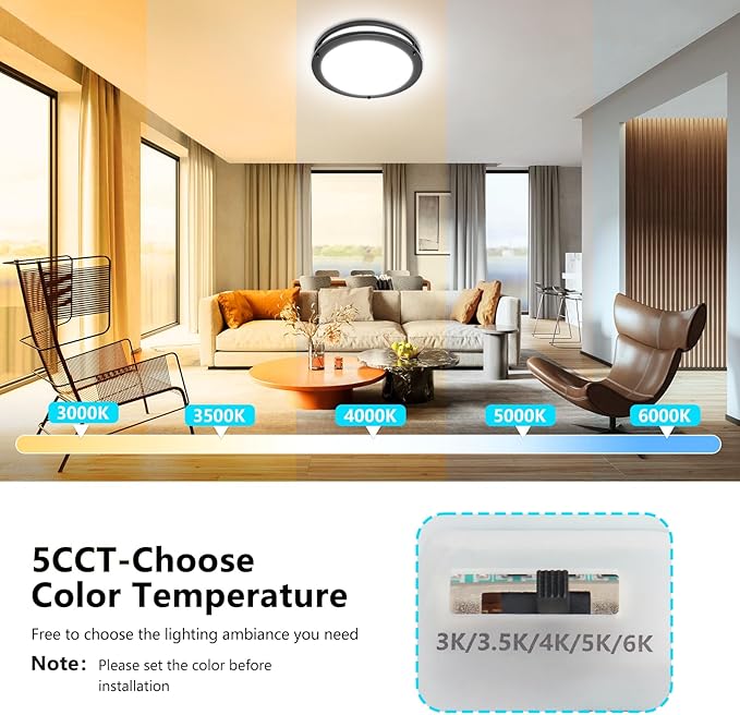 OOWOLF 4-Pack 13inch Flush Mount LED Ceiling Light Fixture, 5CCT 36W 3600LM, 3000K 3500K 4000K 5000K 6000K 5 Color Selectable Dimmable Ceiling Lamp, Black Ceiling Light for Kitchen Bedroom Bathroom