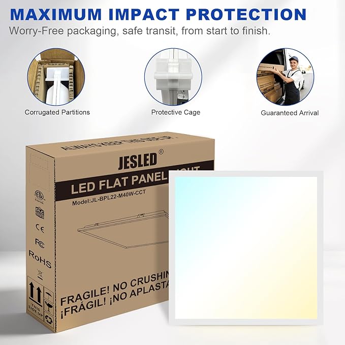 JESLED 2Pack 2x2 led Flat Panel Light, 6000LM, Drop Ceiling Lights Fixture for Office Kitchen Basement Laundry, 15W/20W/25W/30W/40W Selectable, 5CCT Switchable, 0-10V Dimmable, DLC ETL Listed