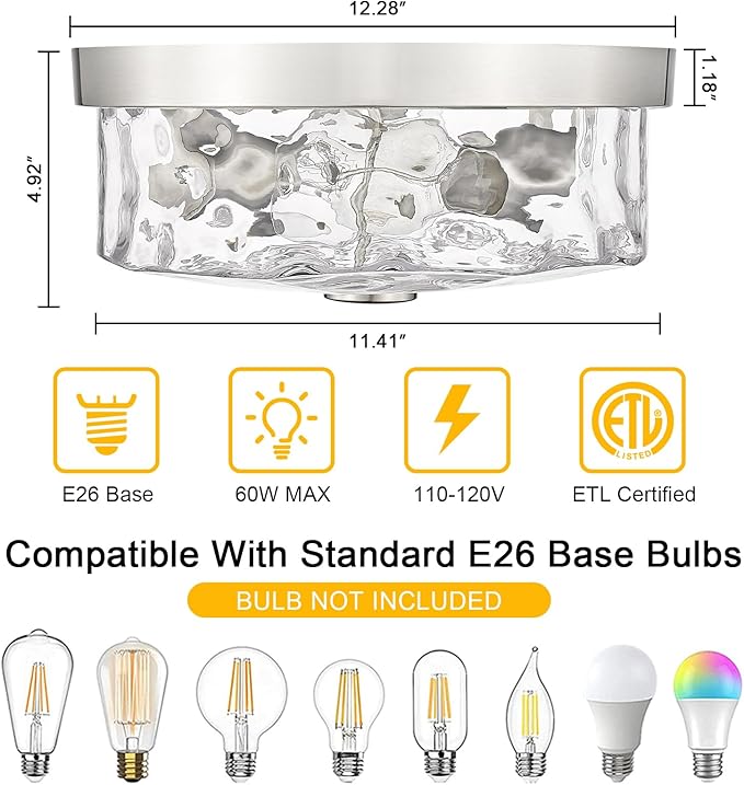 Flush Mount Ceiling Light with Water Ripple Glass Shade, Modern 2-Light Ceiling Light Fixtures, Brushed Nickle Finished Ceiling Lighting for Kitchen Halway Living Room Bedrrom Entryway