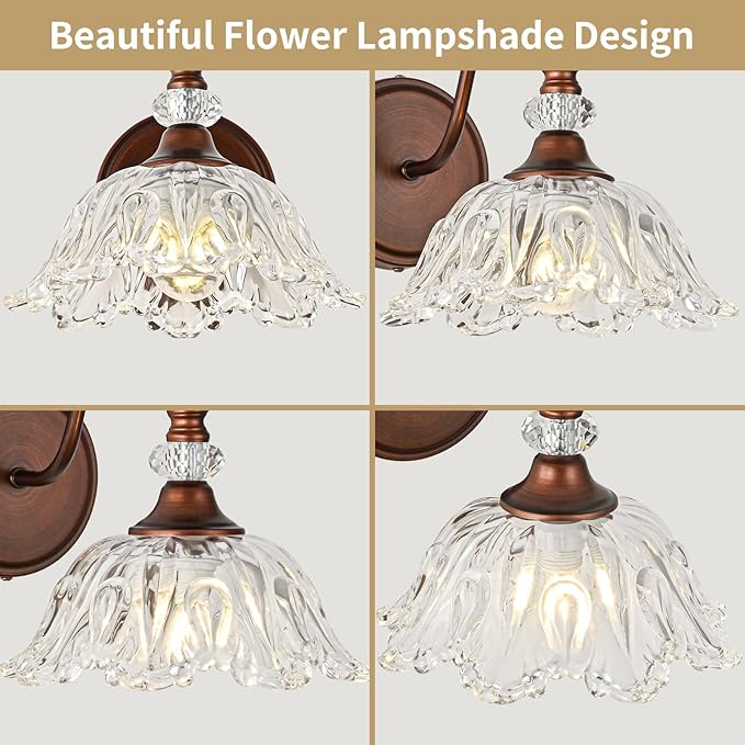 1-Piece Antique Red Bronze Vintage Wall Sconce with Floral Clear Glass Shade, Farmhouse Wall Mount Lighting for Bathroom,Vintage Bathroom Vanity Light Fixtures