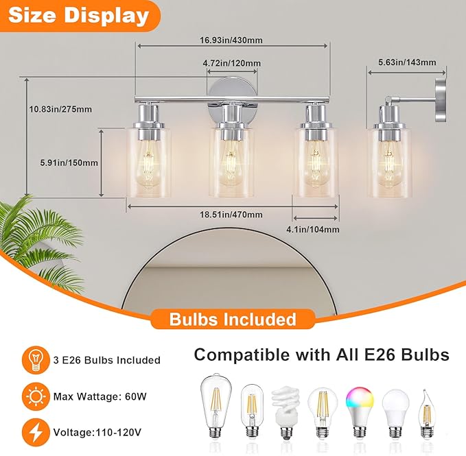 DLLT 3-Light Bathroom Light Fixtures: Chrome Modern Vanity Lights with Clear Glass Shade - Bathroom Wall Lamp for Mirror Kitchen Living Room - 2 Packs