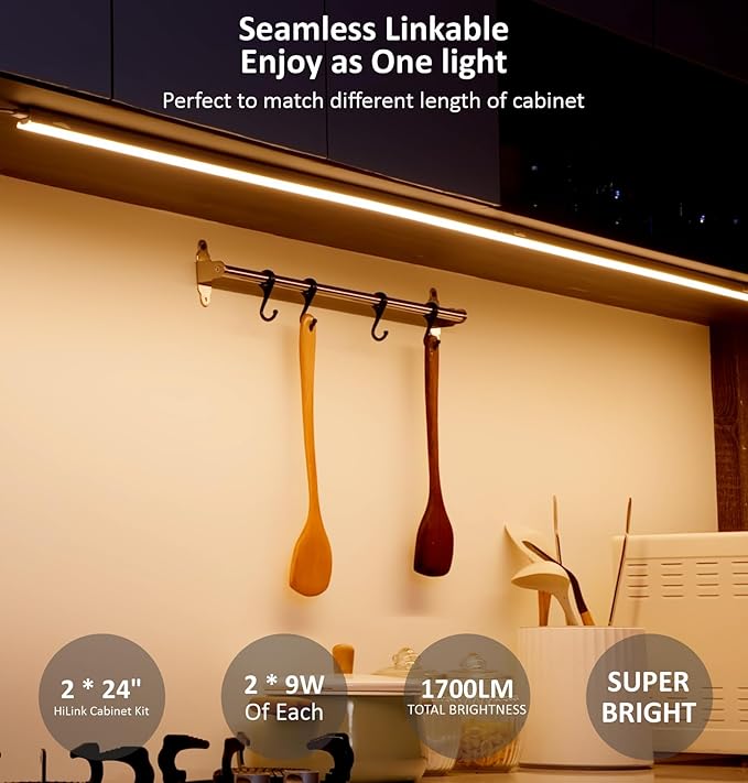 Leetdud Under Cabinet Lighting Plug in, 24 Inch 2 Pcs, Linkable AC120V 3CCT 3000K/4000K/5000K Ultra Slim, LED Under Cabinet Lights for Counter Light, Kitchen, Shelf, Sink, Workshop, Desk, White