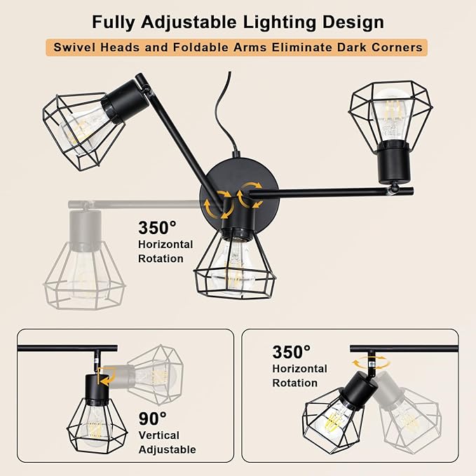 HiBay Track Lighting Plug in, 3-Light Directional Ceiling Light Fixture Black, Farmhouse Plug-in Track Light E26 Wall Spotlight with 16.4ft Cord & in-Line On/Off Switch for Kitchen Dining Room