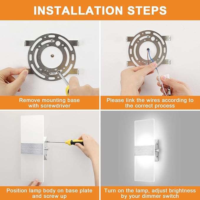 LIGHTESS Dimmable Wall Sconces Set of 2 with Dimmer Switch, Modern LED Wall Lamp 12W for Hallway Bedroom Living Room, Cool White, HS821-2