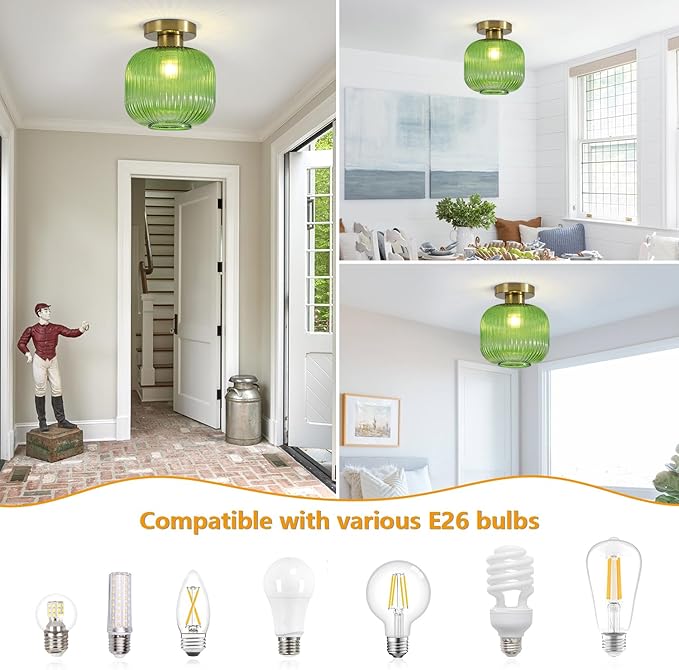 BOKT Modern Semi Flush Mount Ceiling Light with Green Glass Shade Minimalism Gold Ceiling Light 7.9 Inch Close to Ceiling Lamp for Corridor Kitchen Living Room
