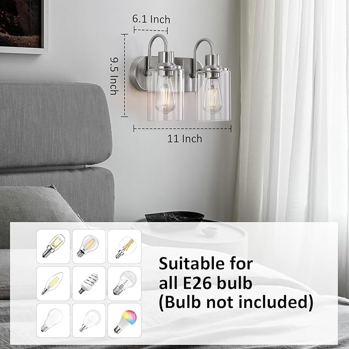 Brushed Nickel Bathroom Light Fixtures Over Mirror,2-Light Bathroom Vanity Light with Clear Glass Shade,Modern Farmhouse Wall Sconces Lighting for Kitchen Living Room Bedroom Cabinet
