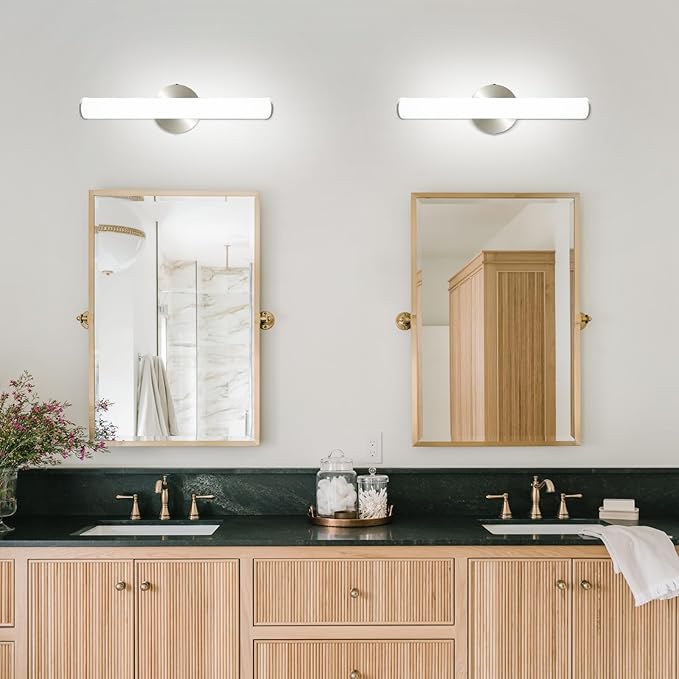 OOWOLF 2 Pack LED Vanity Light Bar for Bathroom, Dimmable Bathroom Light Fixtures 17.3inch 12W 1200LM Over Mirror Lighting Fixture Wall Sconce Modern Vanity Lighting 4000K Brushed Nickel