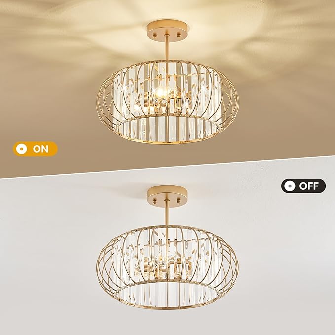 Semi Flush Mount Crystal Ceiling Light, 16 Inch 3-Light Chrome Hallway Ceiling Lamps, Farmhouse Ceiling Light Fixture, Industrial Crystal Chandelier for Corridor Bathroom(E12 Base, 16 Inch)