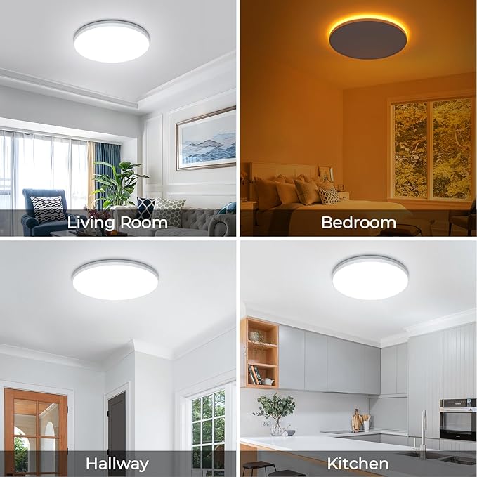SunRider LED Flush Mount Ceiling Light Fixture with Night Light, 6000K Cool White, 12 Inch 24W 2400LM Round Dimmable Flat Ceiling Lamp for Living Room