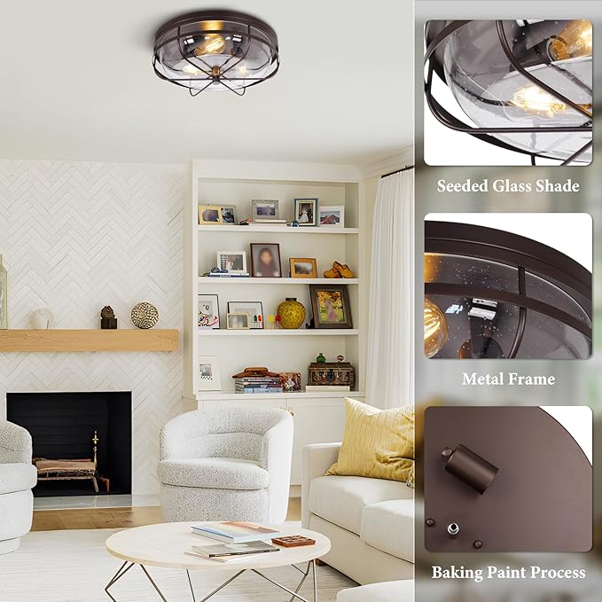 16 Inch Light Fixtures Ceiling Mount, Close to Ceiling Light with Seeded Glass, Outdoor Indoor Flush Mount Ceiling Light for Bedroom Living Room Kitchen Porch Hall Patio, ROS91AL-ORB