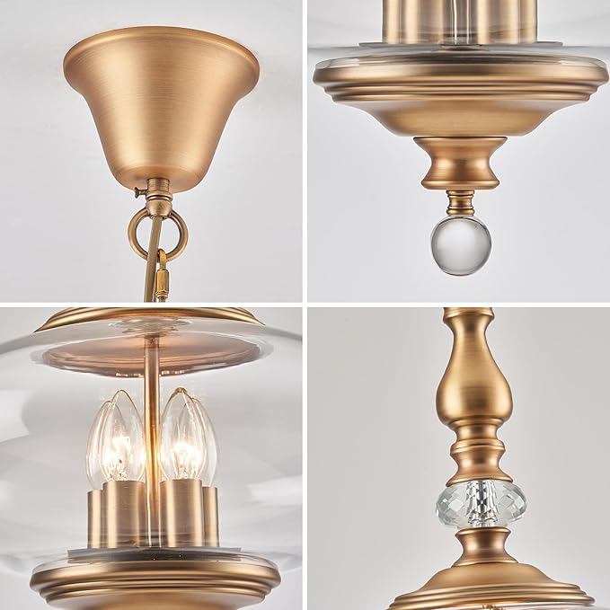 Vintage Pendant Light Brass Glass Pendant Light 15.74" Wide 5 Light Chandeliers for Kitchen, Dining Room Adjustable Hanging Height