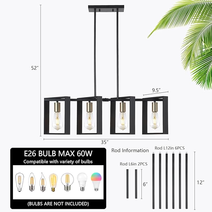 9MMML 4 Lights Wood Chandelier,Industrial Rectangle Linear Dining Room Pendant Light, Black Wood Frame+Gold E26 Socket,Kitchen Island Light for Hallway Bar Pool Table, Height Adjustable