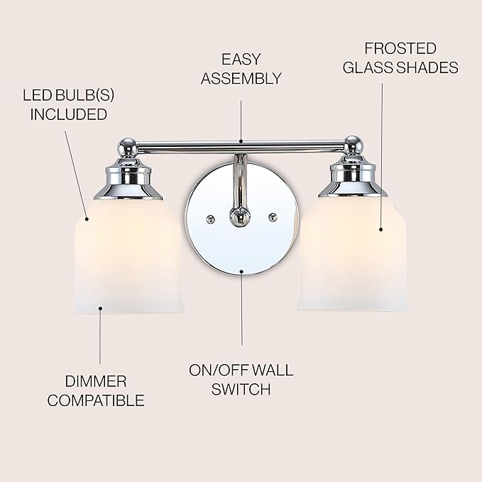 JONATHAN Y 14" Chrome Modern Farmhouse LED Vanity Light Wall Sconce Fixture, Frosted White Glass Shade, Dimmable Wall Lamp for Bathroom Mirror Kitchen Sink, UL Listed (JYL7550A)