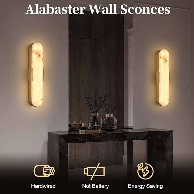 20 in Gold Alabaster Wall Sconces 2 Pack Spanish Natural Marble Wall Lights Indoor Brass Marble Wall Lighting Bathroom Vanity Light LED Alabaster Wall Lamps for Bedroom Hallway Dining Room