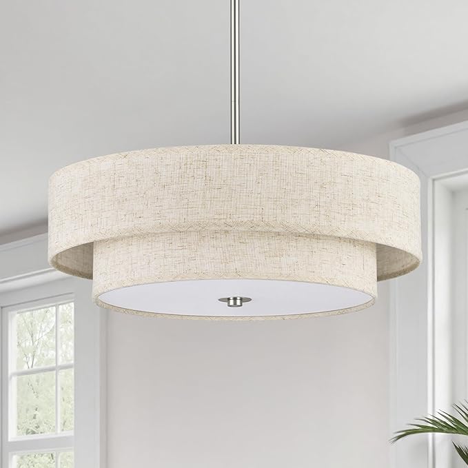 VONLUCE Modern Chandeliers, 18" Drum Chandeliers with 2-Layer Fabric Shade, 4-Light Pendant Light Fixture with E26 Base, Light Fixture for Dining Room Bedroom Living Room, Linen Shade & Nickel Finish
