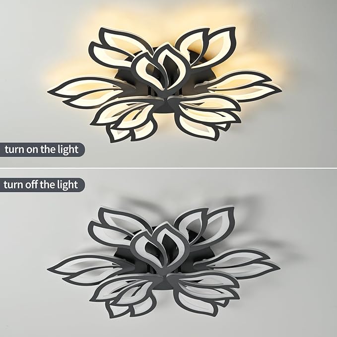 Modern Ceiling Light with APP & Remote Control, Dimmable LED Flush Mount Chandelier with 3-Color, Black Acrylic Flower Ceiling Light Fixture for Living Room Dining Room Bedroom Kitchen-9-Leaves