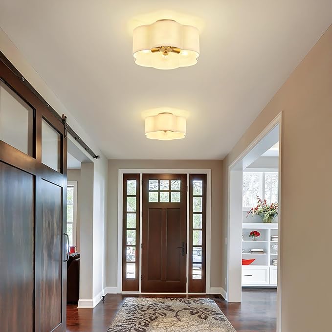 Gold 6-Light Semi Flush Mount Ceiling Light, White Fabric Close to Ceiling Light Fixtures, Clover Drum Ceiling lamp