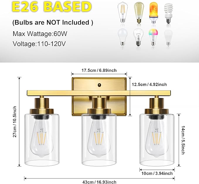 Ascher Bathroom Vanity Light Fixtures, 3 Light Wall Sconces Lighting with Clear Glass Shade, Gold Wall Lights for Mirror, Kitchen, Living Room, Gallery, E26 Base (Bulbs Not Included)