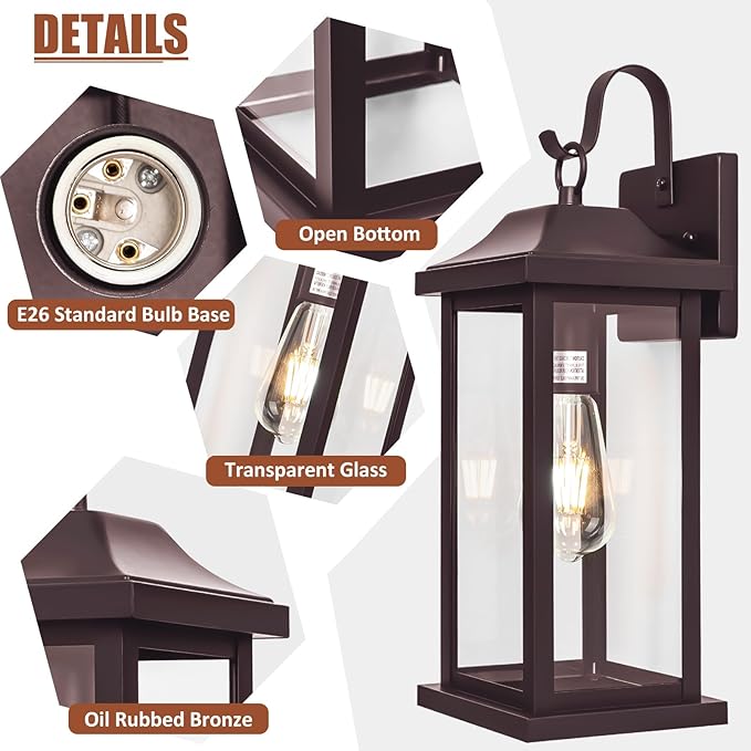 Large Bronze Outdoor Wall Light 17 Inch, Vintage Exterior Light Fixture with IP65 Waterproof Clear Glass, Farmhouse Outside Wall Sconce Porch Light for Front Door Backyard, Oil Rubbed