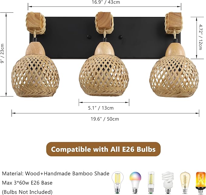 LmnLvn Farmhouse Bathroom Light Fixture, 3-Light Boho Vanity Light, Bamboo Bathroom Light Fixture Over Mirror Rustic Vanity Lighting with Handmade Bamboo Shades, Suit for Restroom, Bedroom, Hallway