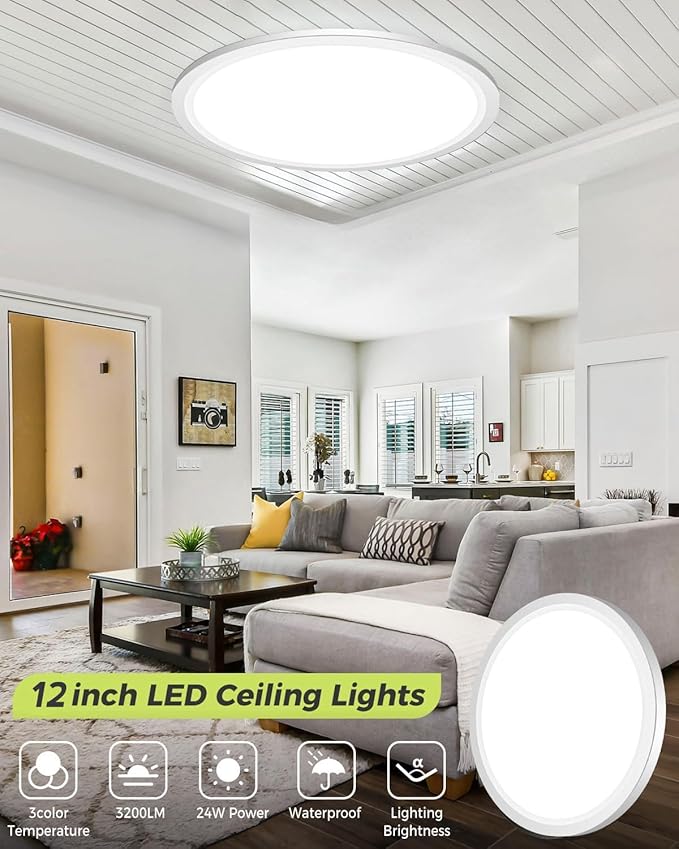 2PACK LED Flush Mount Ceiling Light - 3CCT Selectable 3000K-4000K-6500K & 100W Equivalent Modern Kitchen Recessed Ceiling Lamp 24W 3200Lm 12 Inch for Bathroom Closet Laundry Bedroom Hallway, White