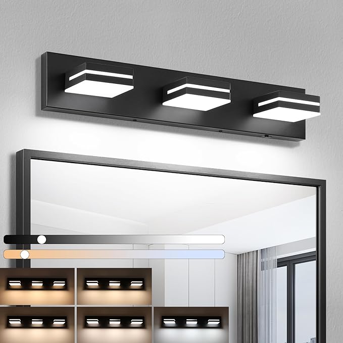 Bathroom Vanity Lighting Fixtures Over Mirror (3-Light, 24-Inch) Dimmable Modern LED Bathroom Wall Lighting Fixtures, Matte Black (3000K/3500K/4000K/5000K/6000K)
